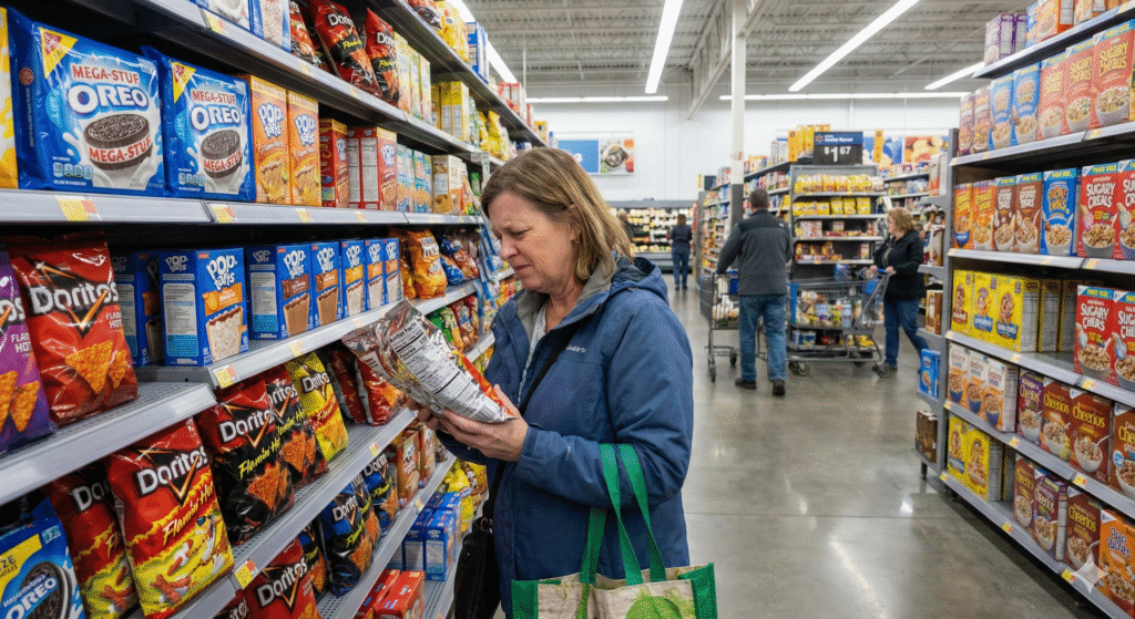 A shopper examines packaged snacks in a grocery aisle filled with ultra-processed foods.