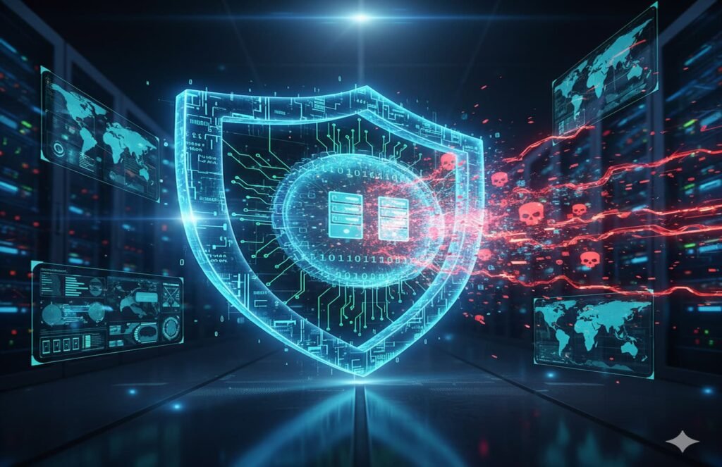 Illustration of a shield symbol protecting digital data.