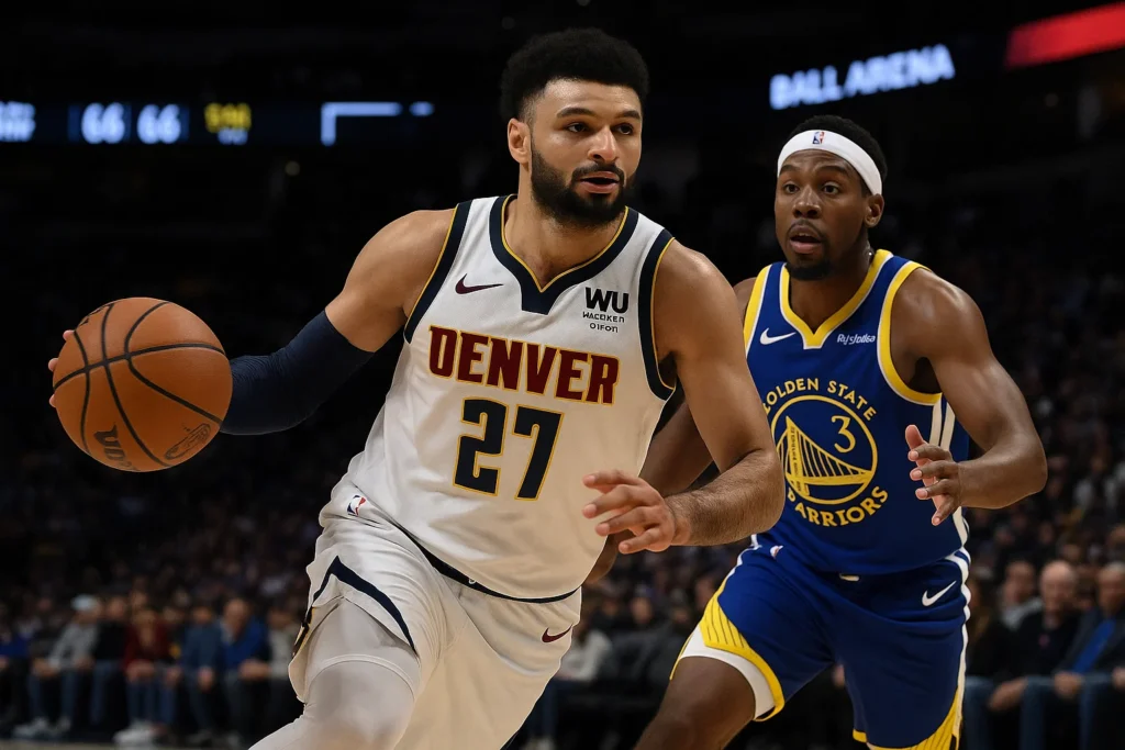 Denver Nuggets guard Jamal Murray drives to the basket against Golden State Warriors during 2025 regular season game at Ball Arena.