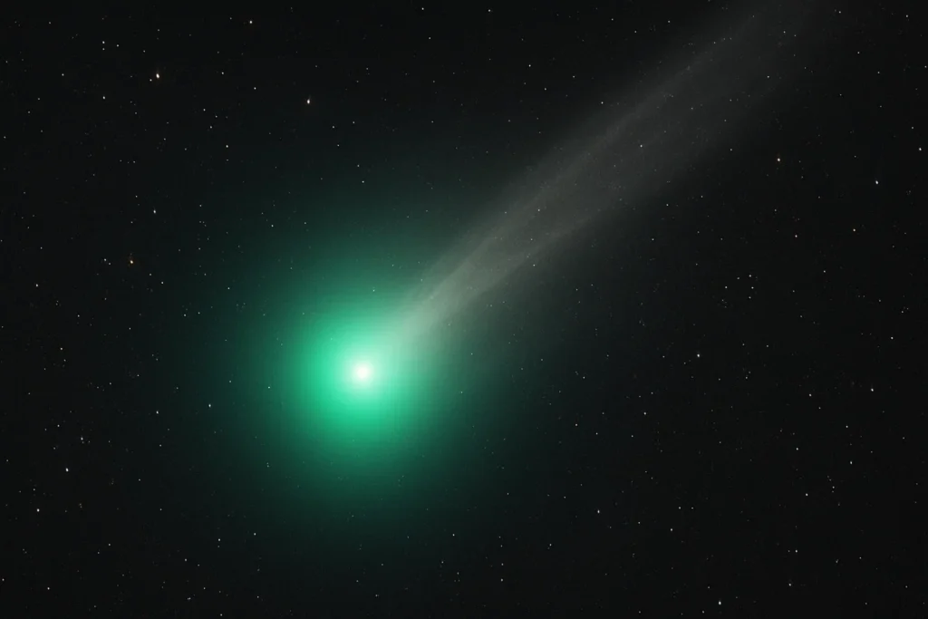 Green-glowing comet 3I/ATLAS with bright coma and faint surrounding dust.