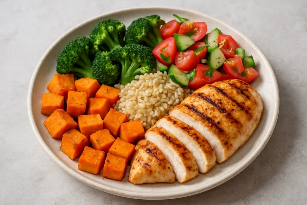 Plate of balanced whole foods with vegetables, grains, and lean protein