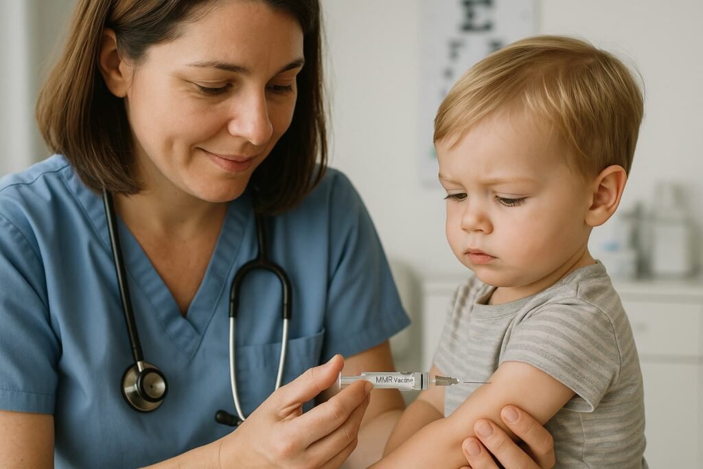 Pediatric nurse administering MMR vaccine to a young child.