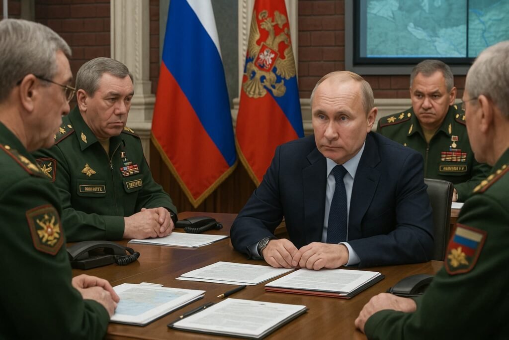 Vladimir Putin meeting senior military leaders inside a Kremlin command post