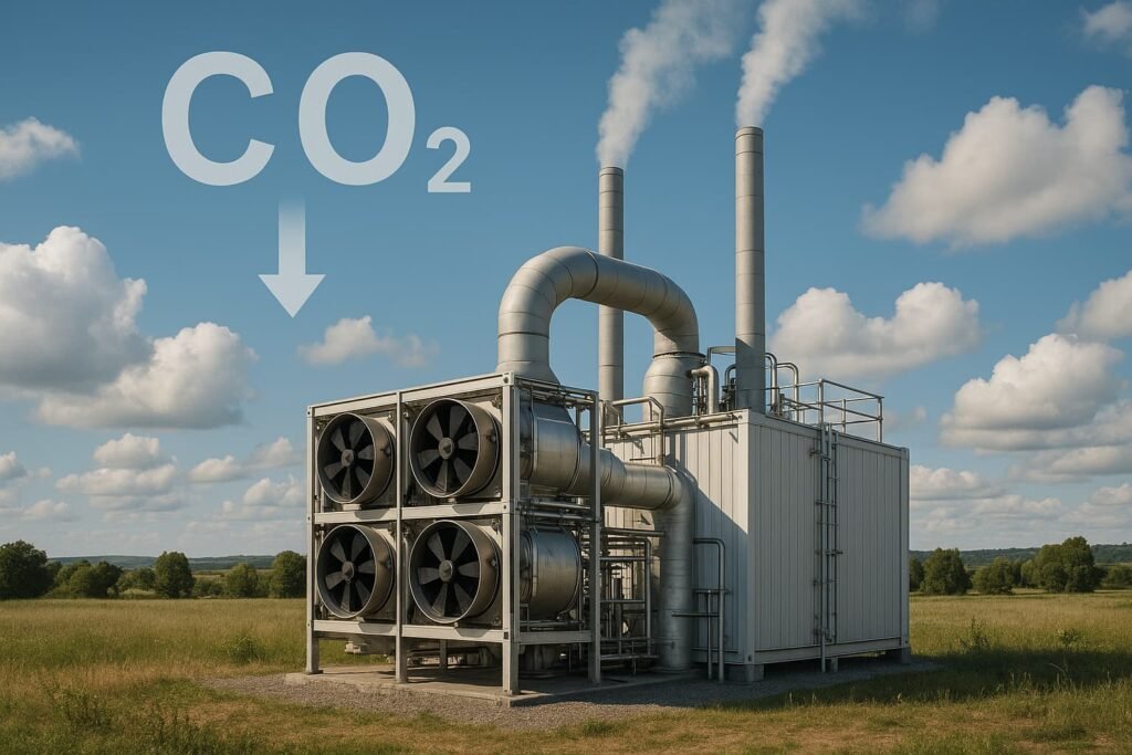 Illustration of carbon capture technology removing CO₂ from the atmosphere.