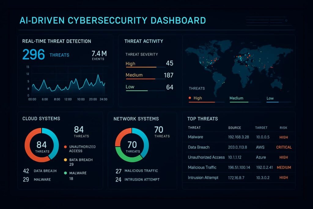 AI-driven cybersecurity dashboard analyzing real-time threats across cloud and network systems