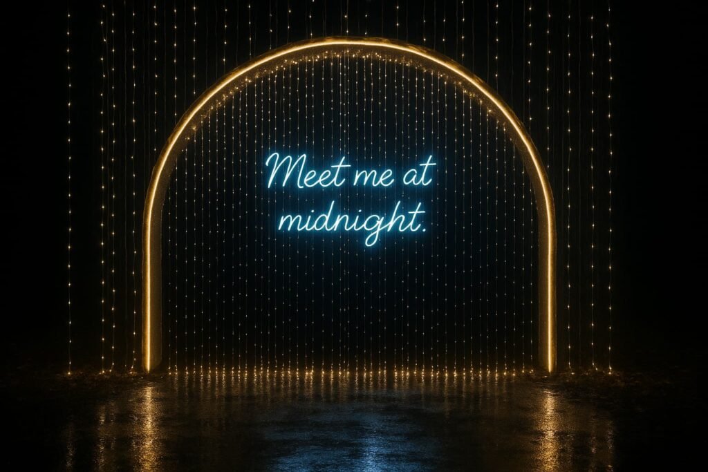 A glowing arch with cascading “Midnight Rain” lights and a neon sign reading “Meet me at midnight.