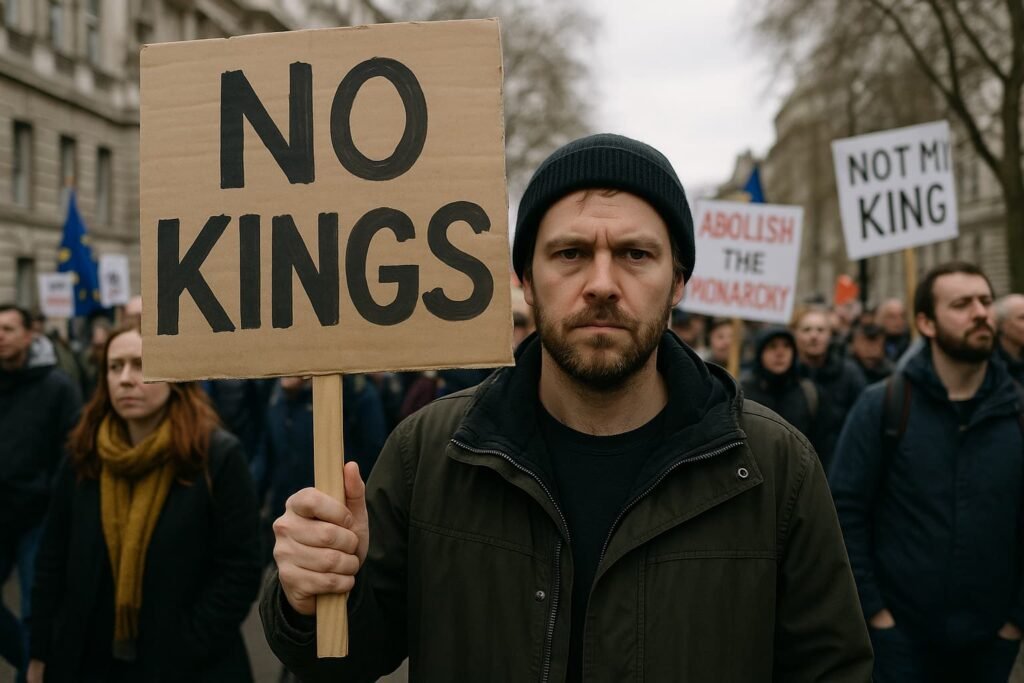 A protester holding a “No Kings” sign at a demonstration earlier this year.