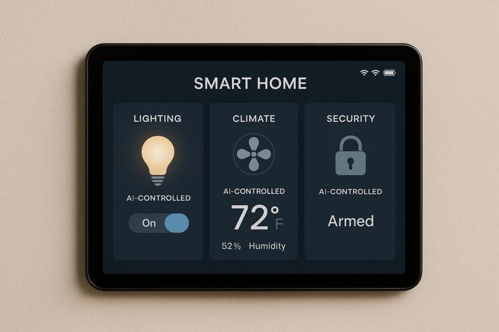 Smart home dashboard showing AI-controlled lighting, HVAC, and security.