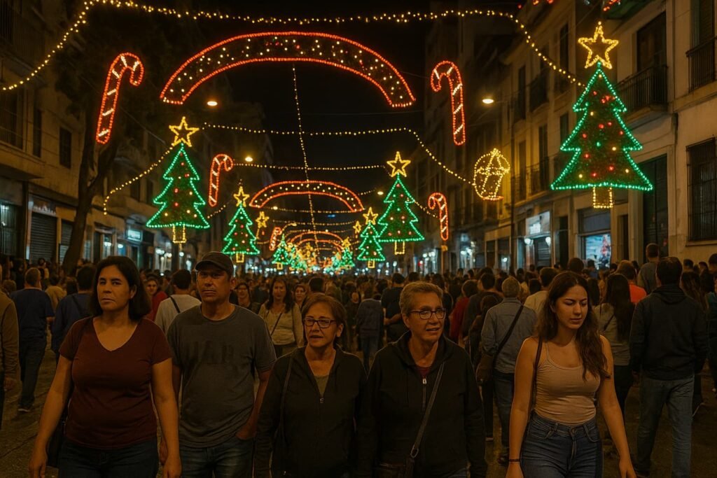 Christmas lights decorate a street in Caracas as residents walk through the city in December