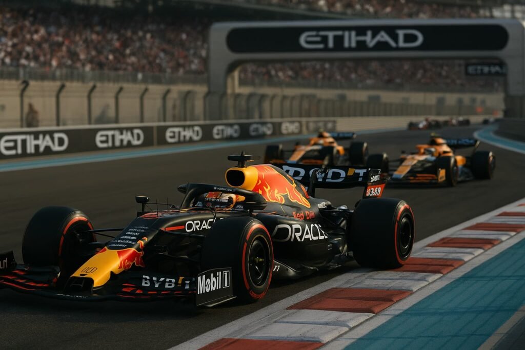 Max Verstappen leading the Abu Dhabi Grand Prix with McLaren cars in pursuit