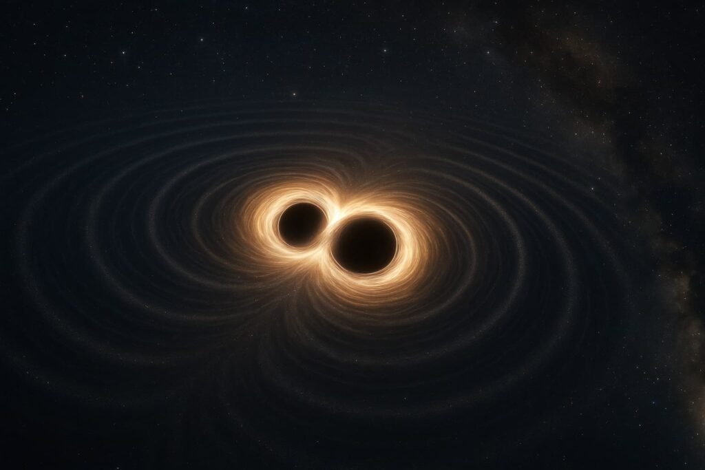 Illustration of two black holes colliding and merging, releasing spacetime ripples