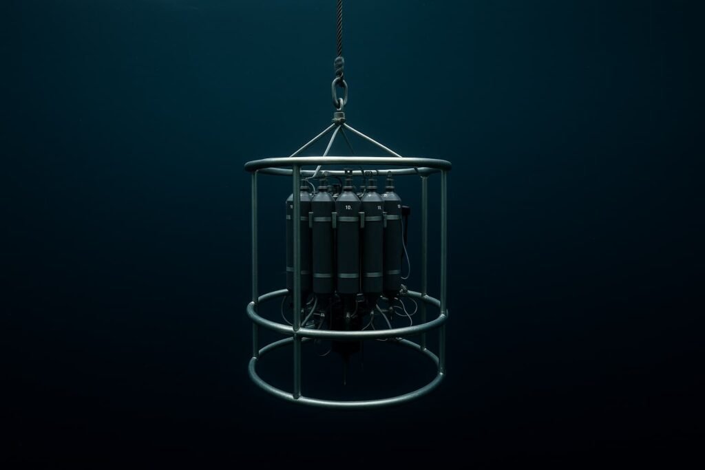 Deep-ocean microbial sampling device descending into dark seawater during carbon fixation research