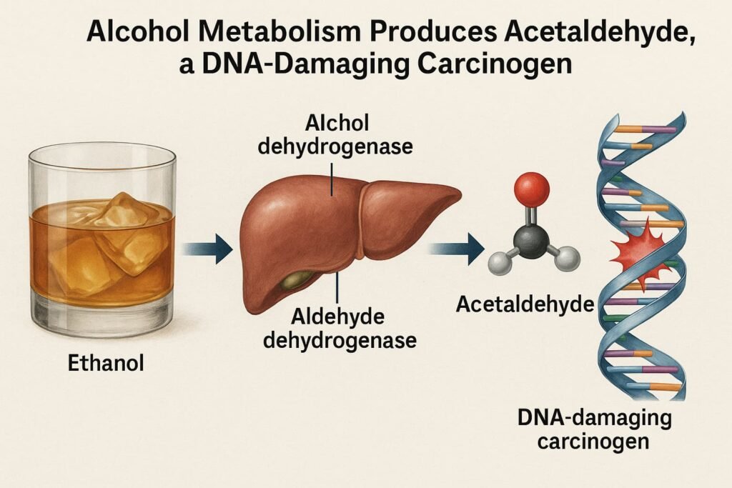 Graphic illustrating how alcohol metabolism produces acetaldehyde, a DNA-damaging carcinogen