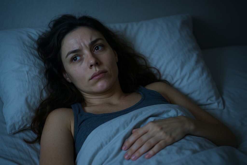 Person lying awake in bed at night with insomnia.