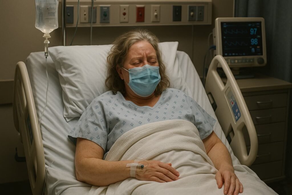 Patient receiving treatment for influenza in a U.S. hospital during winter flu season