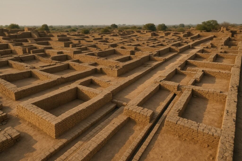 Archaeological ruins of an Indus Valley city illustrating urban planning and water systems