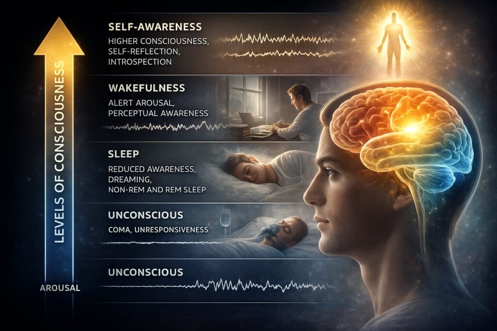 Illustration showing different levels of consciousness from arousal to self-awareness