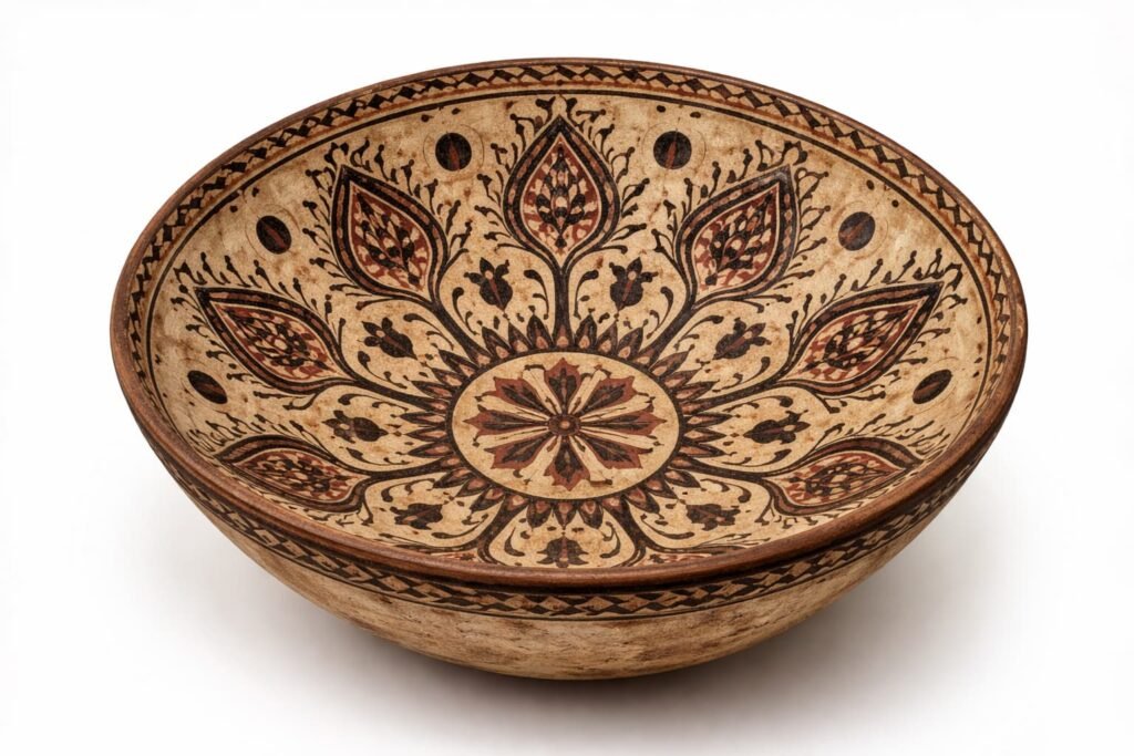 Halafian pottery bowl featuring symmetrical floral patterns
