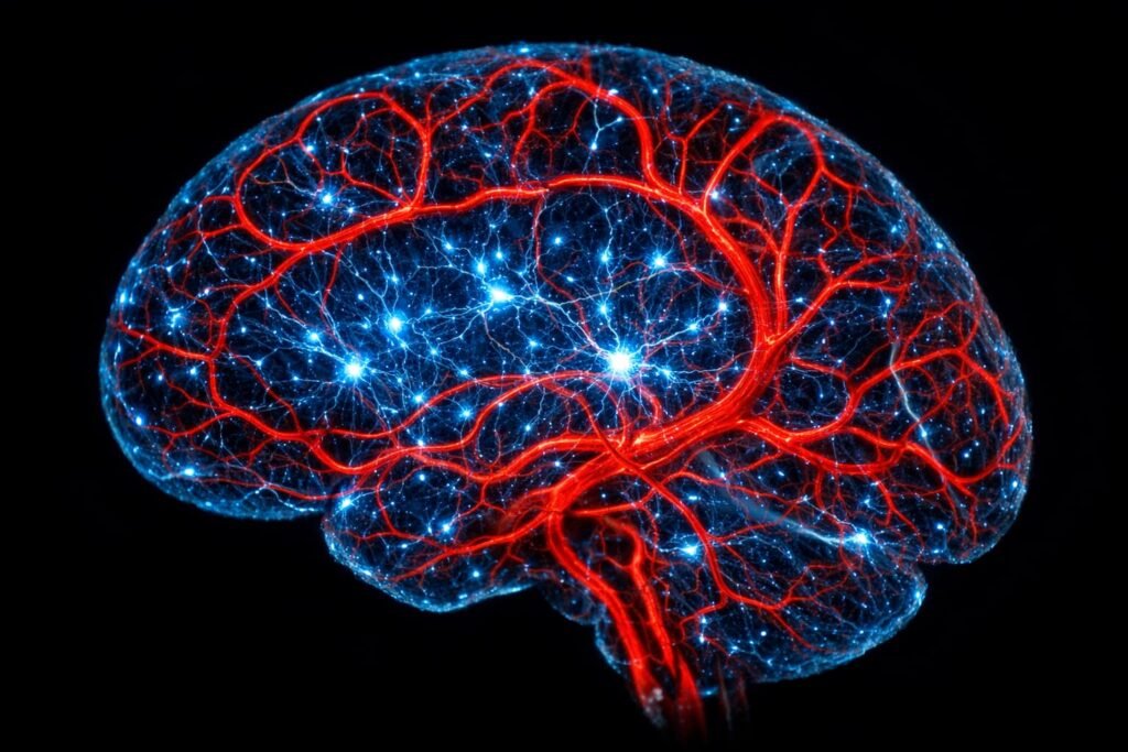 Bioluminescent brain imaging showing neurons and blood vessels.