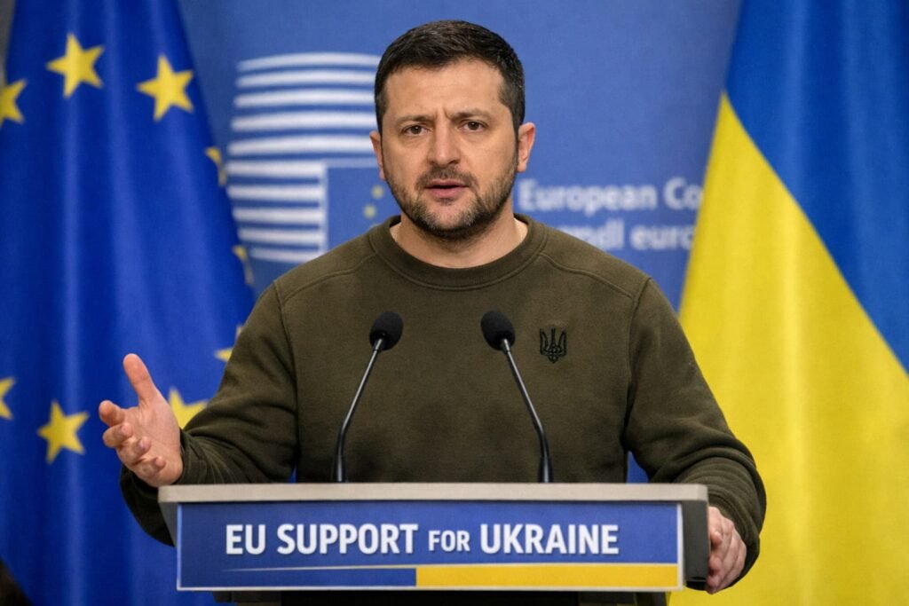 Ukrainian President Volodymyr Zelenskyy addressing EU support for Ukraine