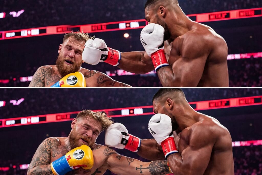 Anthony Joshua landing the decisive right hand on Jake Paul.