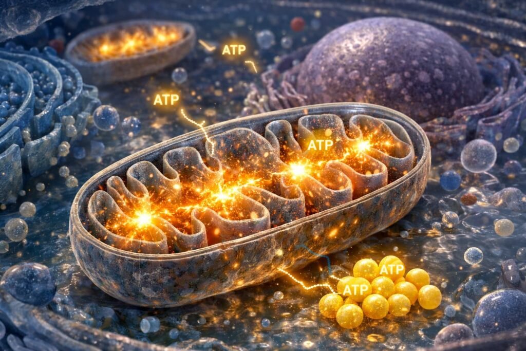 Illustration of mitochondria producing energy inside a cell