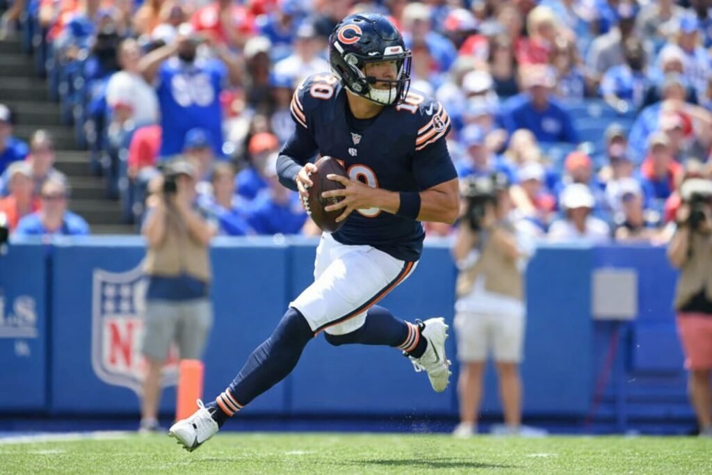 Caleb Williams throws a deep pass during Bears vs Packers overtime at Soldier Field