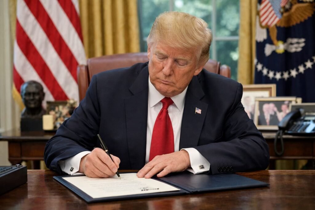 President Trump signing executive order in the Oval Office