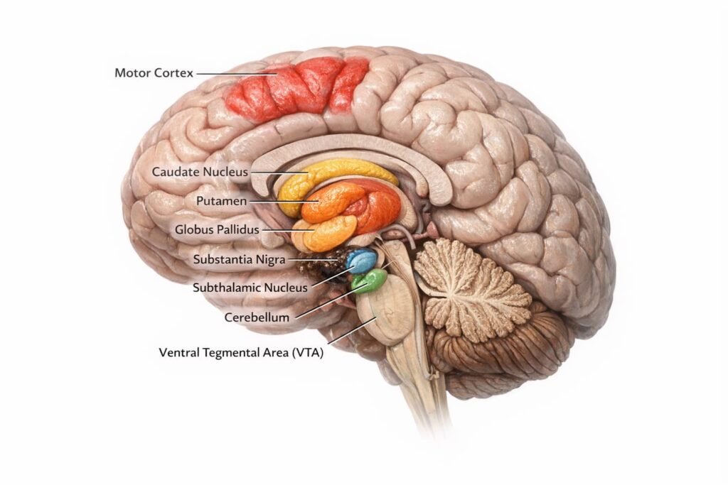 Brain regions involved in motor control and dopamine signaling