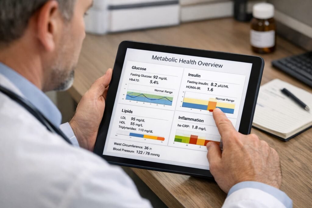 Doctor reviewing metabolic health markers on a digital tablet