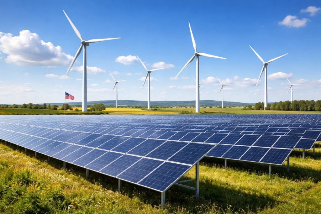 Solar panels and wind turbines generating renewable energy in the United States