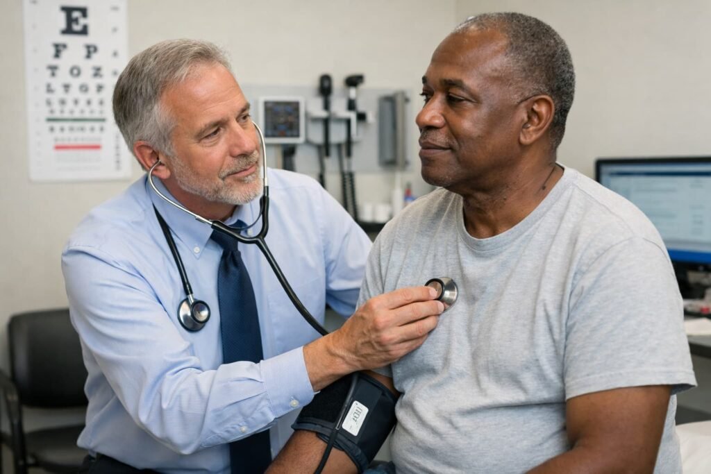 Doctor conducting a routine preventive health checkup in the United States