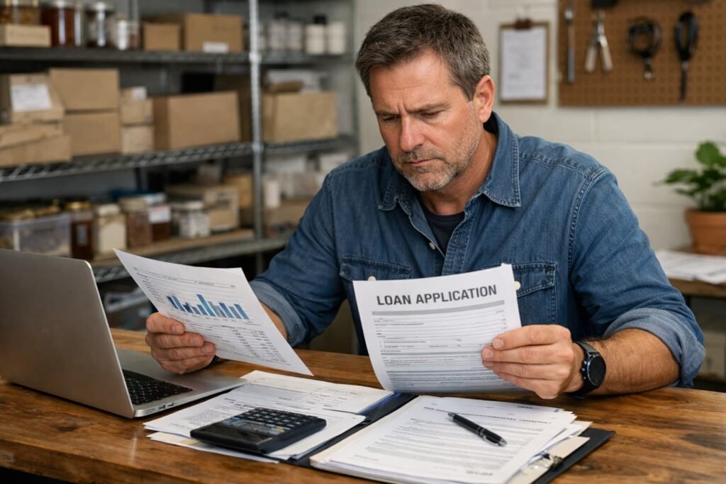 Small business owner reviewing financial documents and loan paperwork