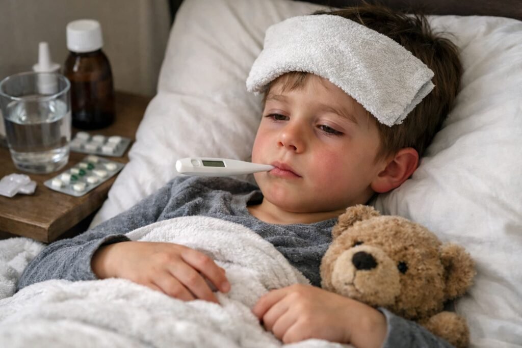Child resting in bed with fever symptoms