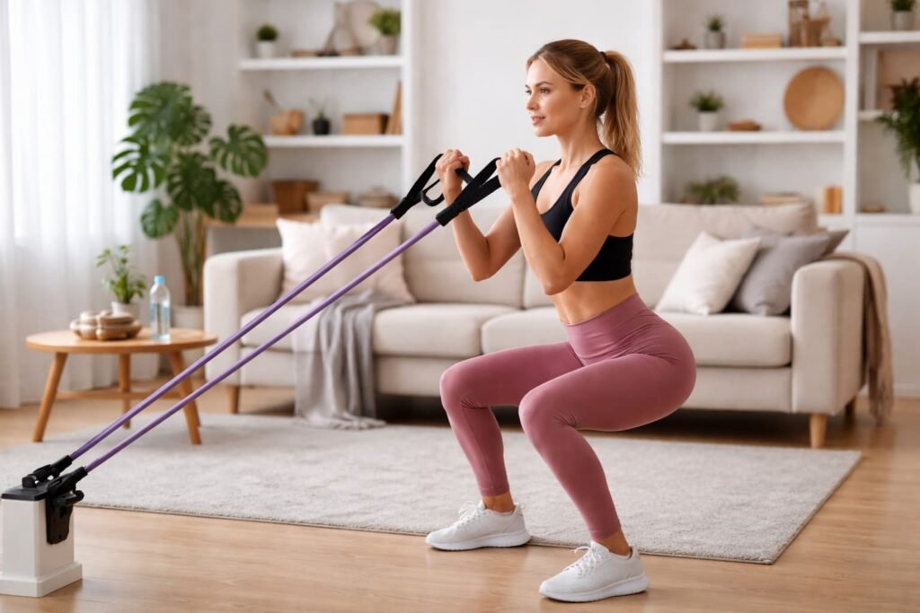 Adult performing resistance training at home