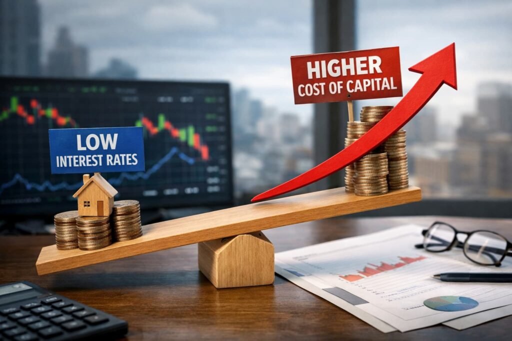 Visualization of the shift from low-interest-rate era to higher cost of capital.