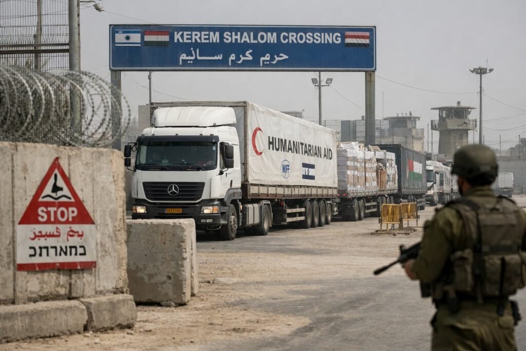 Humanitarian aid trucks waiting to enter Gaza under restrictions