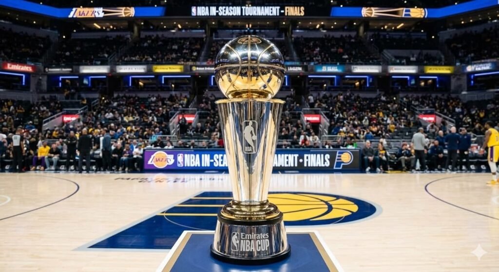 Emirates NBA Cup trophy displayed at an NBA in-season tournament game.