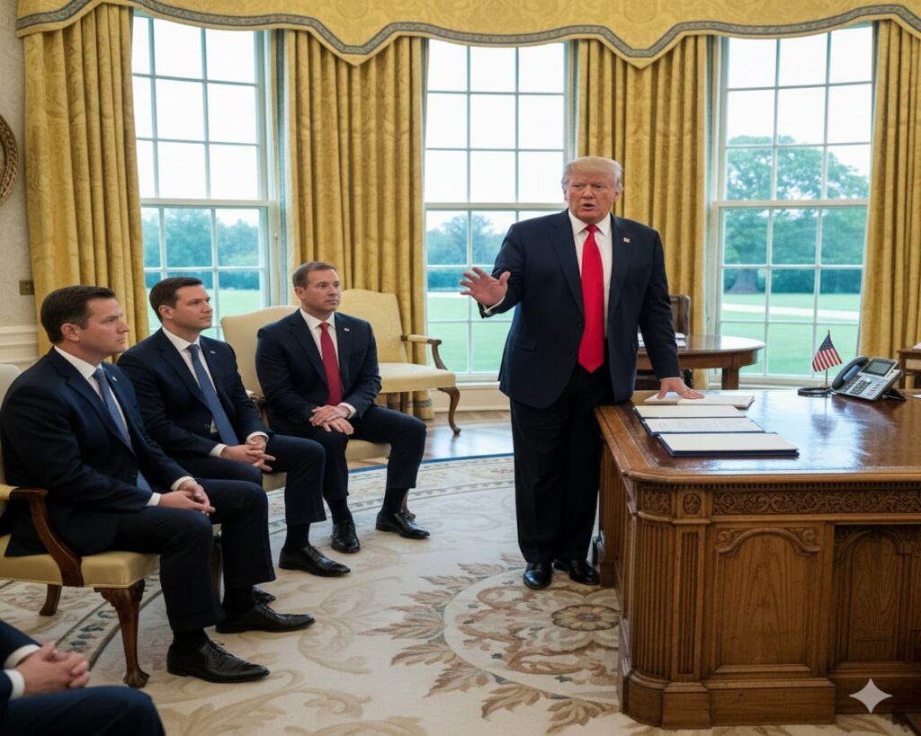 President Donald Trump speaking with advisers inside the Oval Office