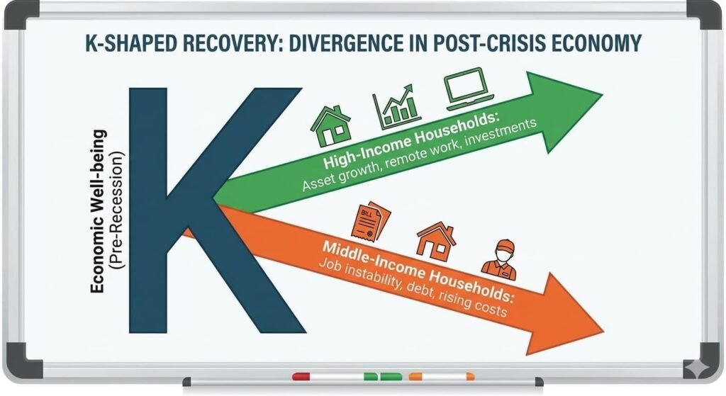 Diagram of K-shaped recovery showing divergence between high-income and middle-income households.