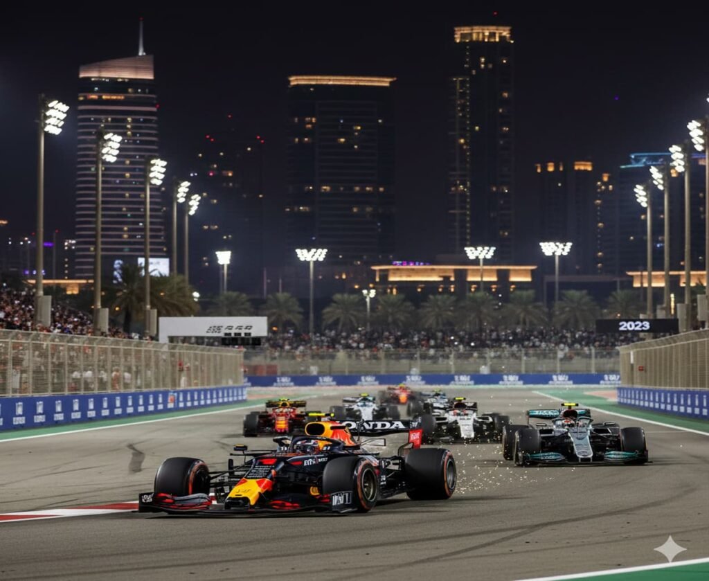 Max Verstappen leading the Abu Dhabi Grand Prix under floodlights