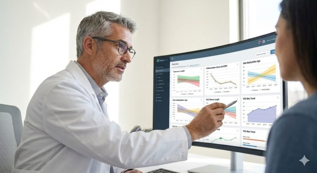 Doctor reviewing longevity biomarkers on digital screen.