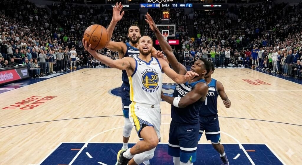 Stephen Curry driving to the basket against Minnesota defenders during fourth-quarter action.