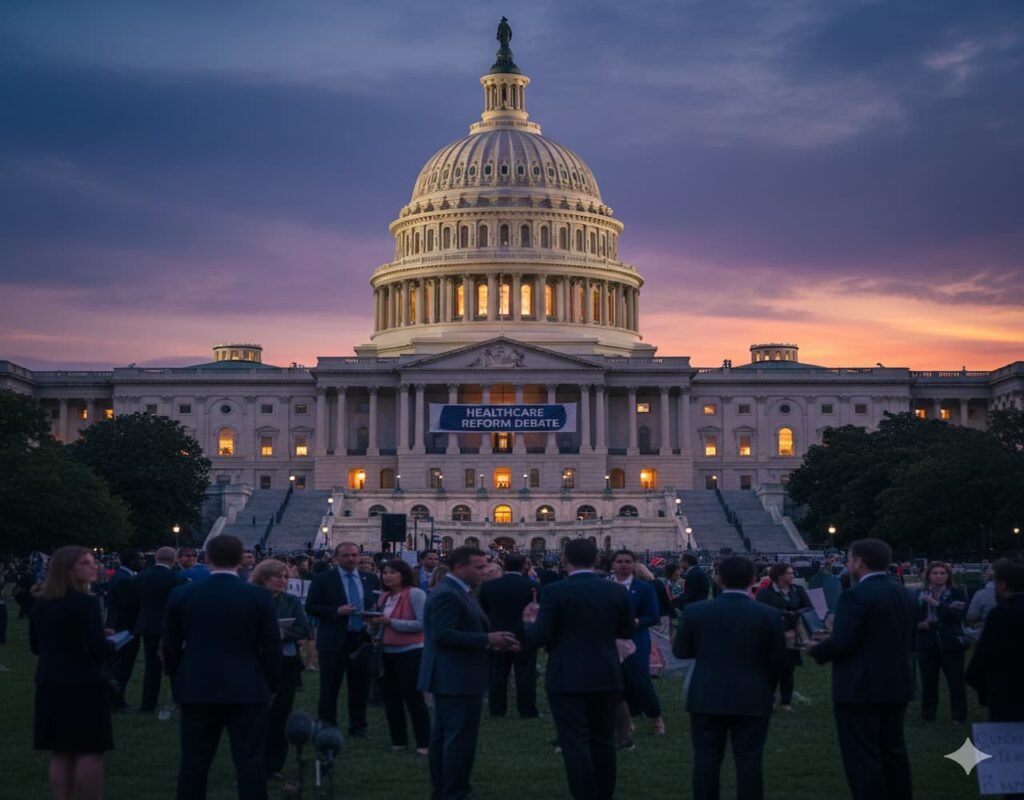Exterior view of the U.S. Capitol amid health policy negotiations.