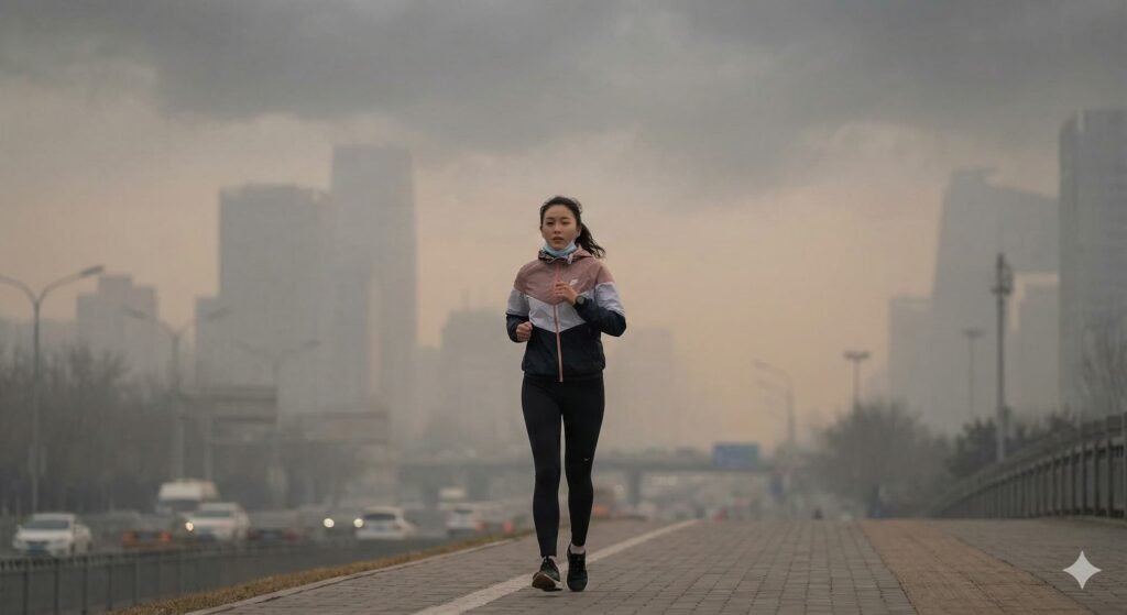 Person jogging outdoors while surrounded by visible urban air pollution