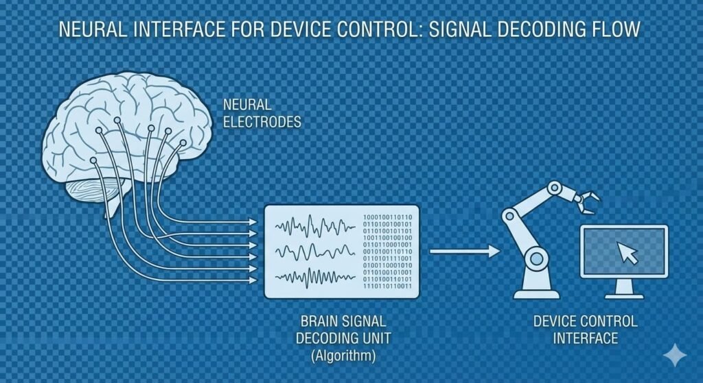 Diagram of neural electrodes decoding brain signals for device control.