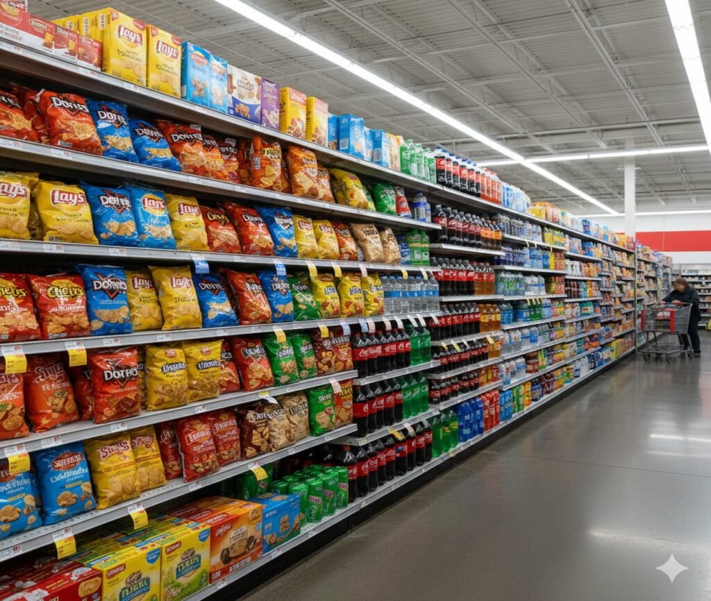 Packaged snacks and sodas on a U.S. grocery store shelf