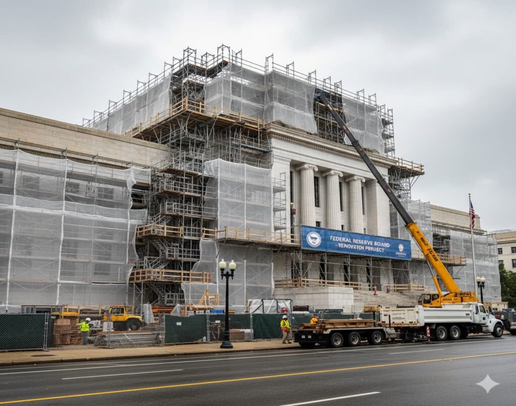 Exterior view of the Federal Reserve Board headquarters under construction scaffolding.