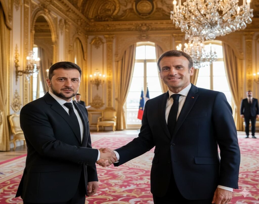 Zelenskyy and Macron shaking hands at the Élysée Palace in Paris