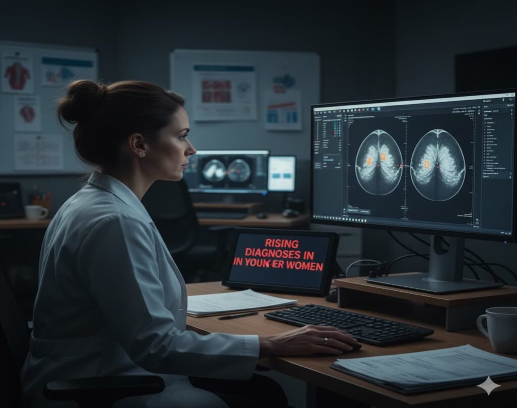 A radiologist reviews a breast imaging scan on a monitor, representing rising breast cancer diagnoses in younger women.